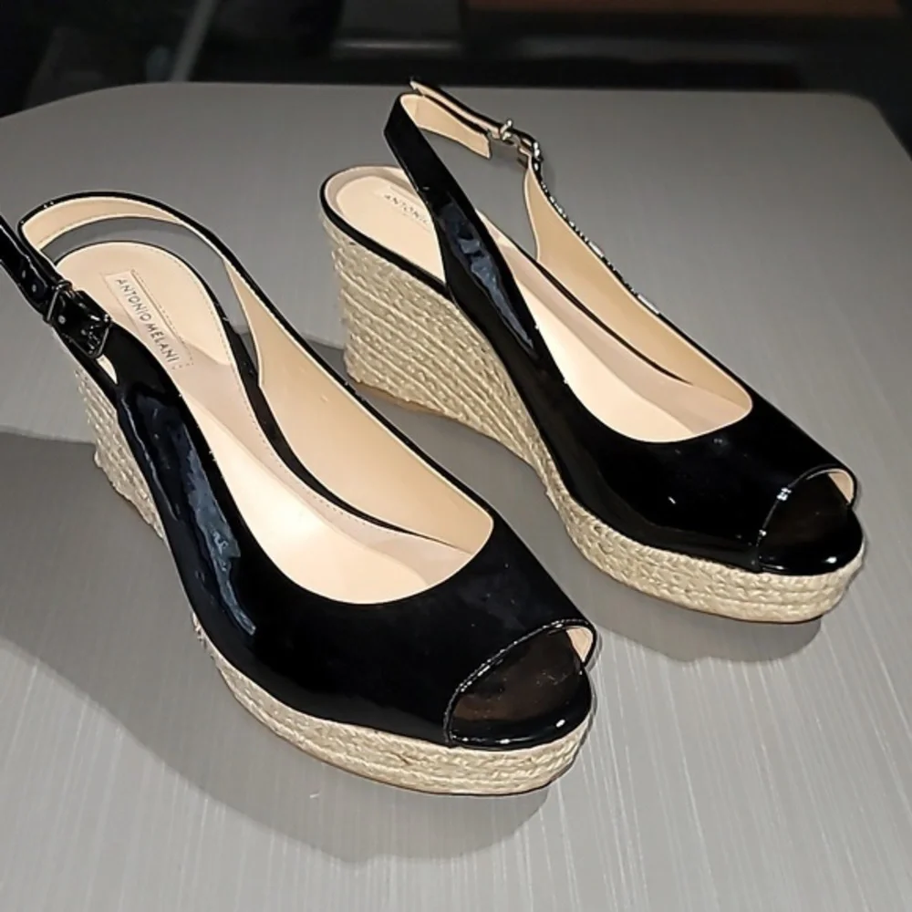 ANTONIO MELANI Sleak Black Peep Toe Rope Wedge Heels Women's 8.5 NWOT‎